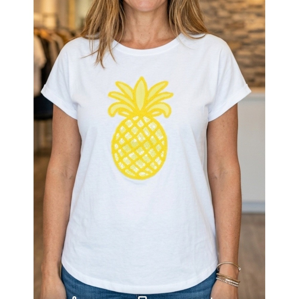 Alexis Taylor WhiteWomens Shirt Crew Neck 3DSequin Chenelle‎ Pineapple 2X Cruise